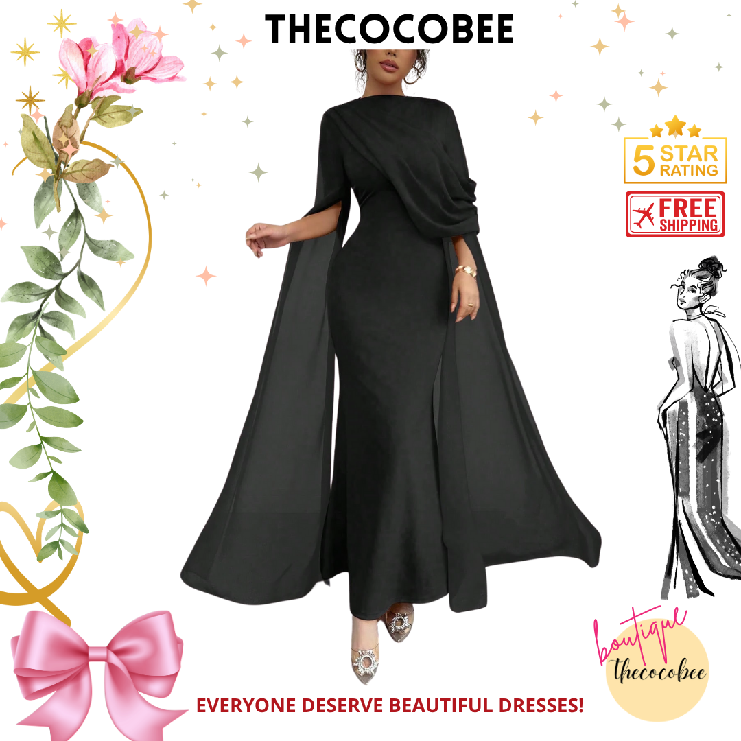 #129 Black Long Sleeve Maxi Dress With Draped Neckline And Cape Sleeves