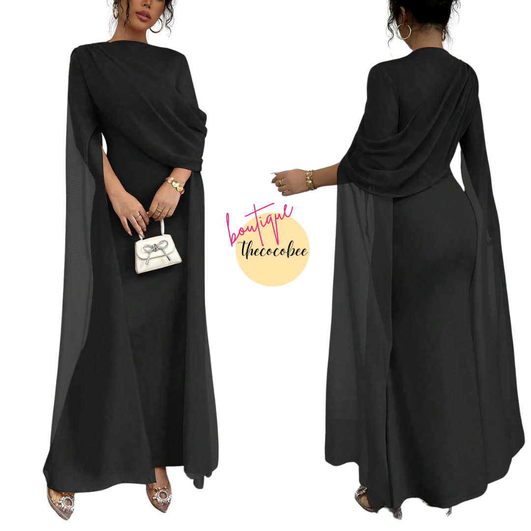 #129 Black Long Sleeve Maxi Dress With Draped Neckline And Cape Sleeves