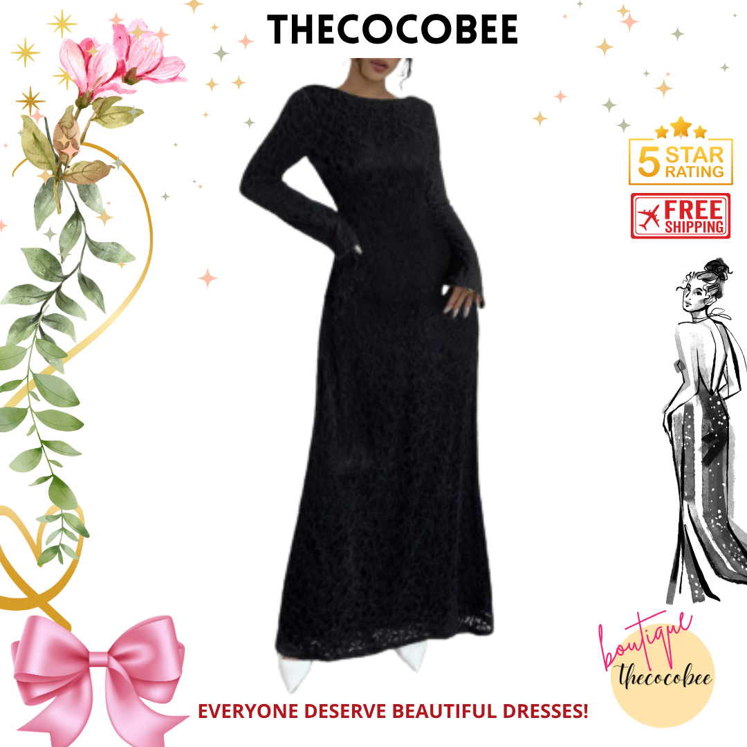#131 Black Elegant High-Waist Flocked Lace Long Sleeve Fitted A-Line Dress For Women