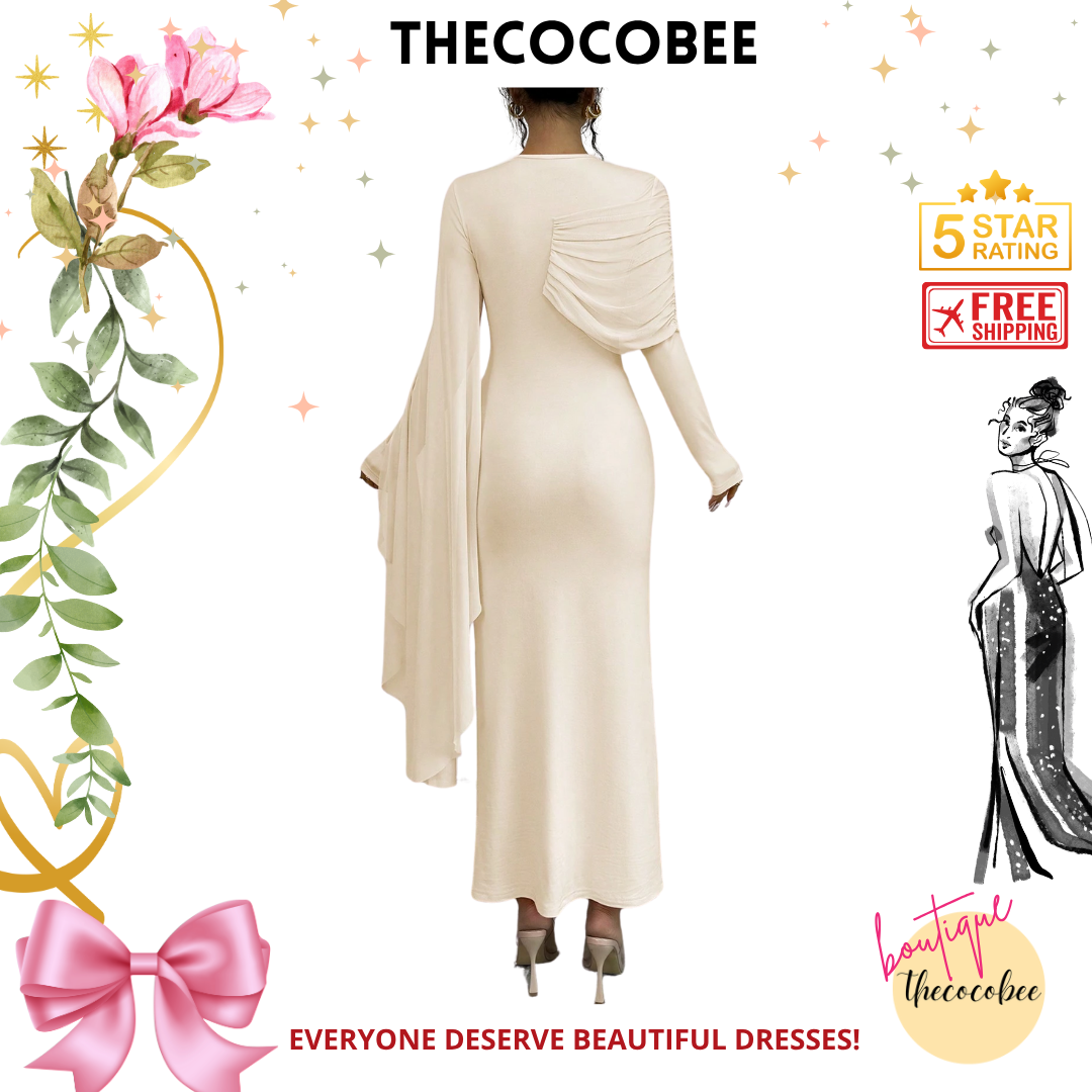 #133 Apricot Solid Color Long Sleeve Simple Casual Elegant Draped Pleated Sleeve Dress Maxi Women Outfit
