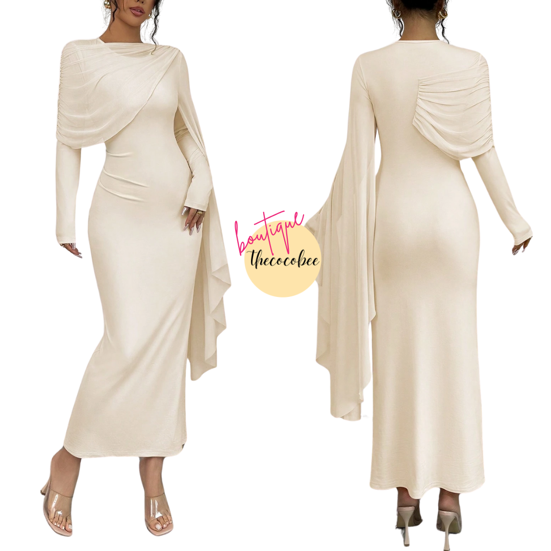 #133 Apricot Solid Color Long Sleeve Simple Casual Elegant Draped Pleated Sleeve Dress Maxi Women Outfit