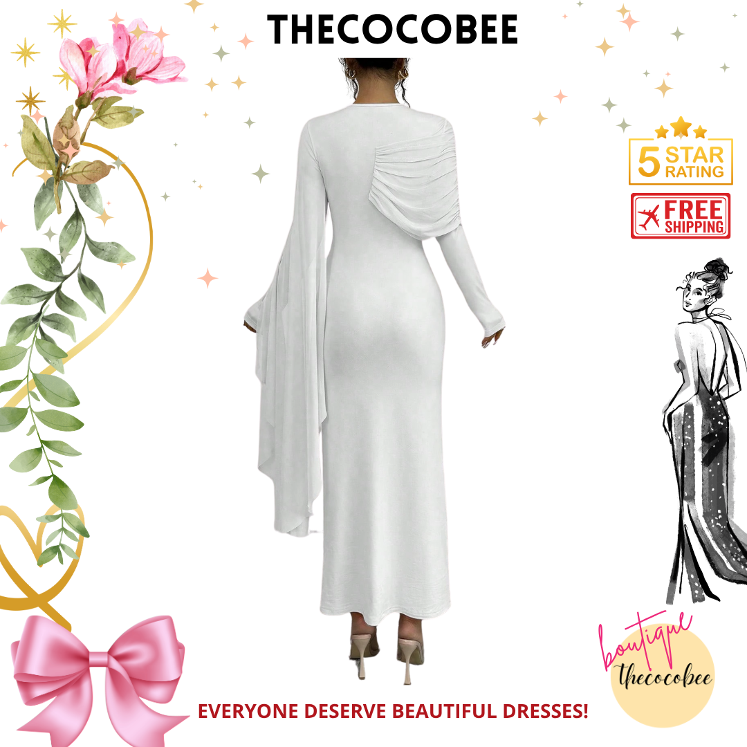 #133 White Solid Color Long Sleeve Simple Casual Elegant Draped Pleated Sleeve Dress Maxi Women Outfit