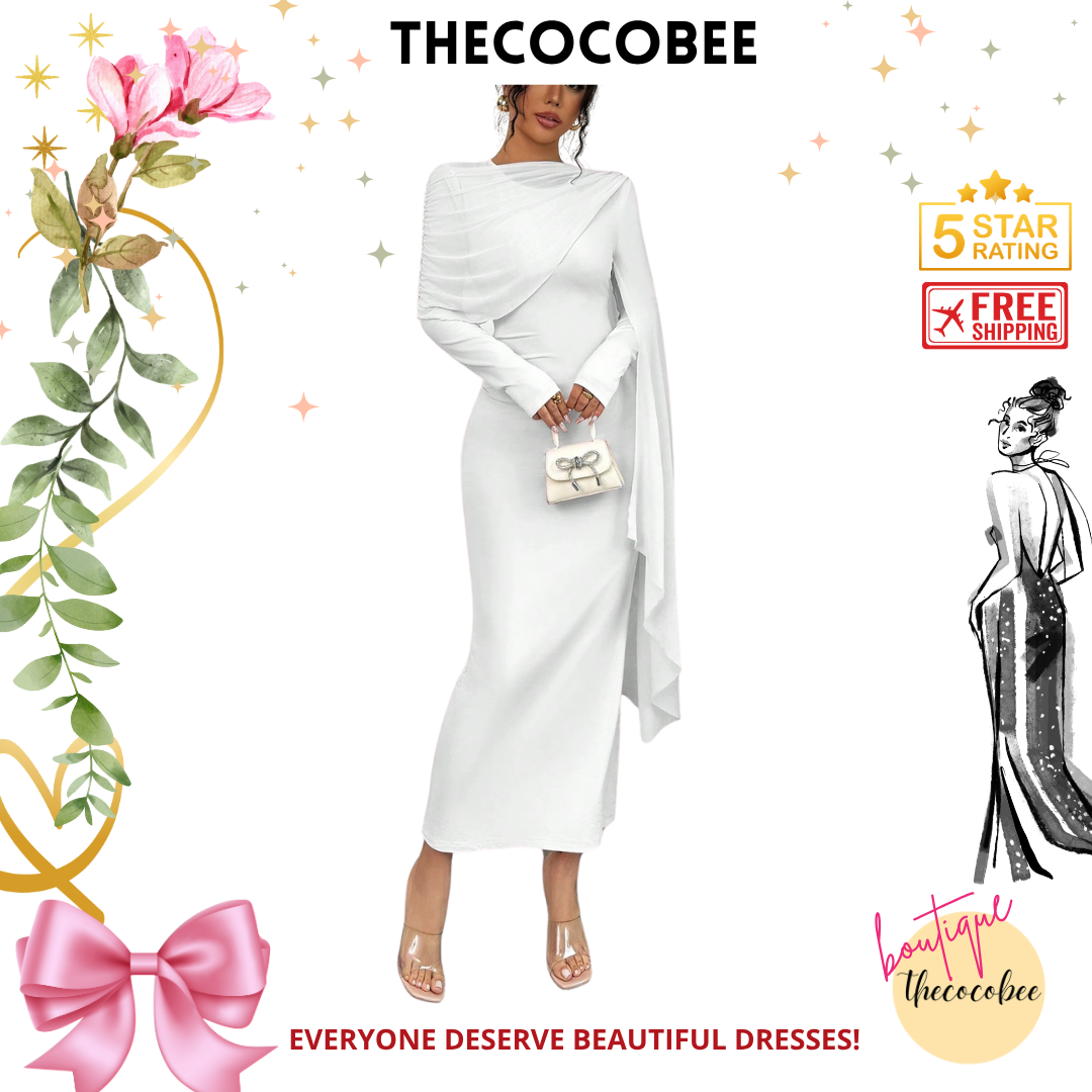 #133 White Solid Color Long Sleeve Simple Casual Elegant Draped Pleated Sleeve Dress Maxi Women Outfit