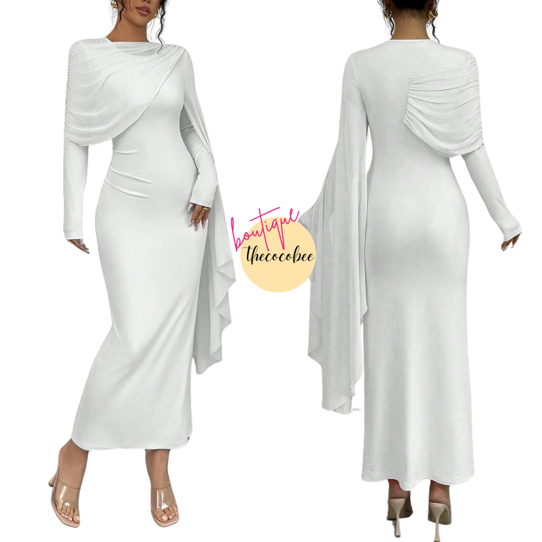 #133 White Solid Color Long Sleeve Simple Casual Elegant Draped Pleated Sleeve Dress Maxi Women Outfit