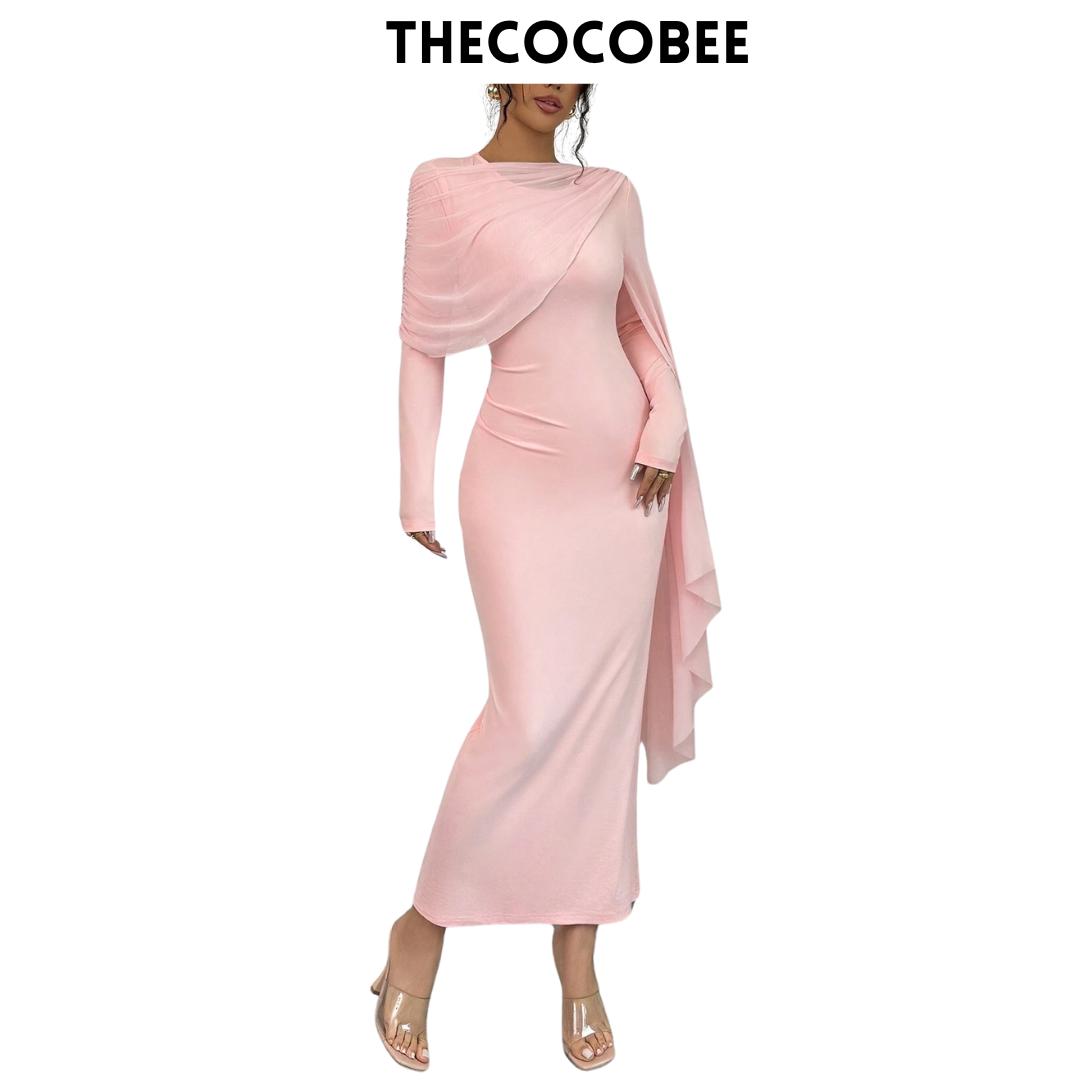 #133 Pink Elegant Solid Color Draped Sleeve Pleated Trim Fitted Dress Maxi Women Outfit