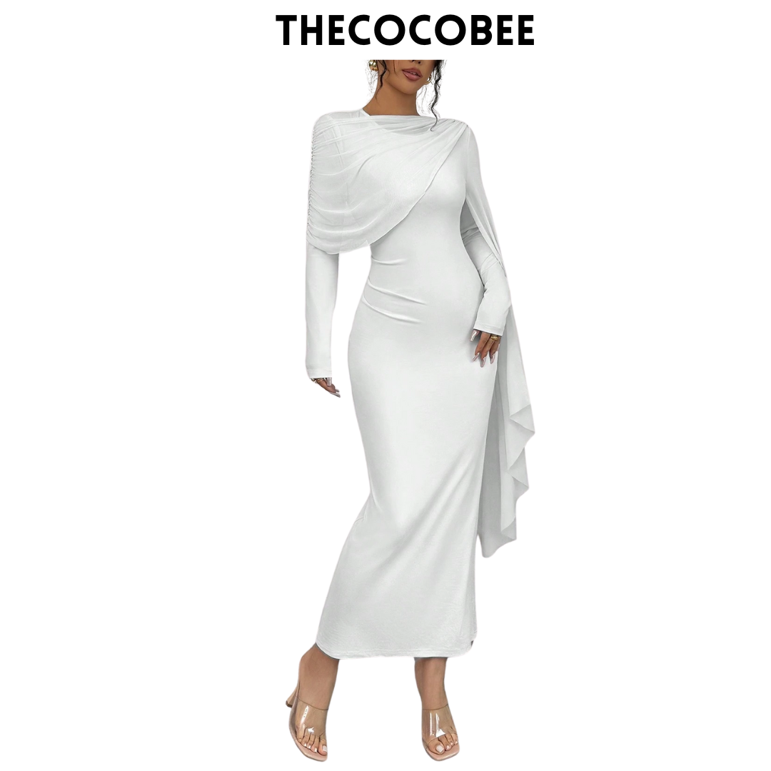 #133 White Solid Color Long Sleeve Simple Casual Elegant Draped Pleated Sleeve Dress Maxi Women Outfit