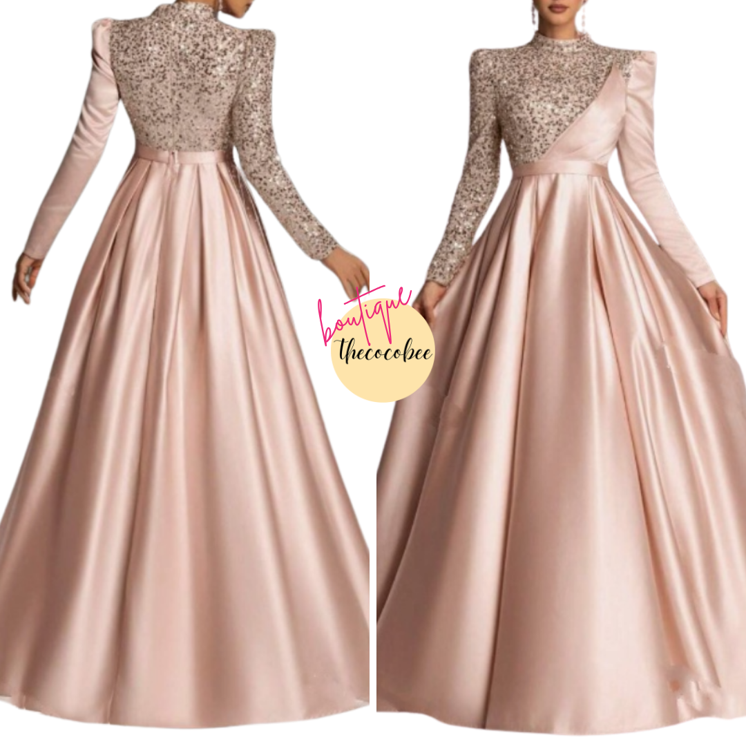 #134 Champagne Satin Sequin Long Sleeve Evening Gown