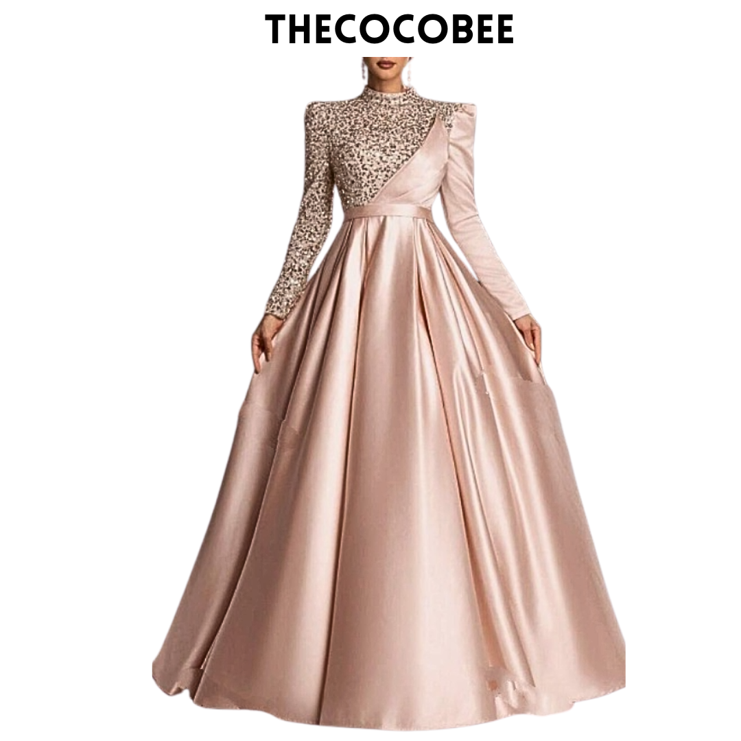 #134 Champagne Satin Sequin Long Sleeve Evening Gown