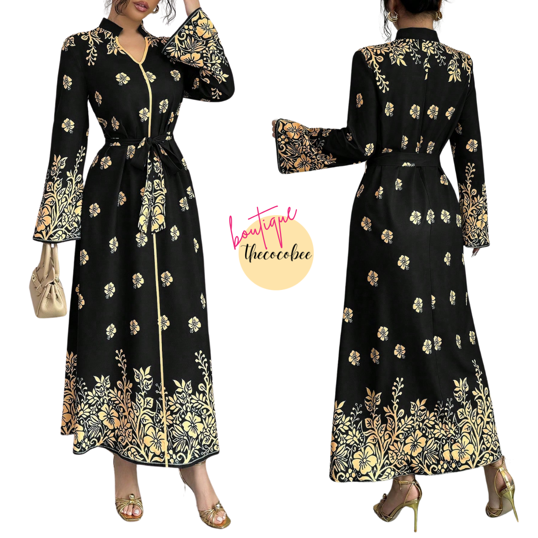 #139 Black Printed Stand Collar Long Sleeve Elegant Casual Long Dress For Women Maxi Women Outfit