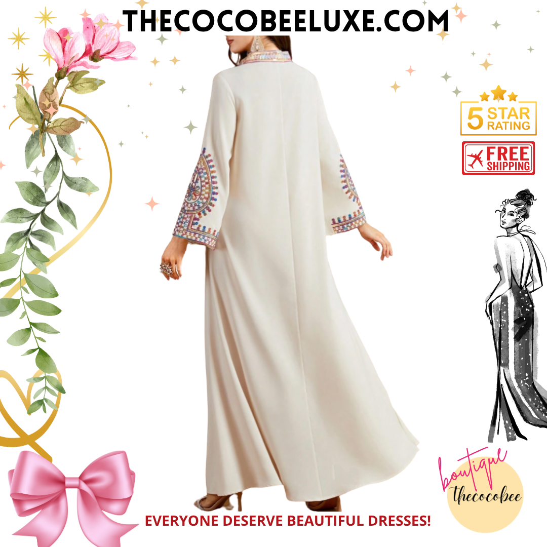 #143 Apricot Vintage Floral Embroidery Sequins Drawstring V-Neck Long Sleeve Long Dress, Spring/Summer