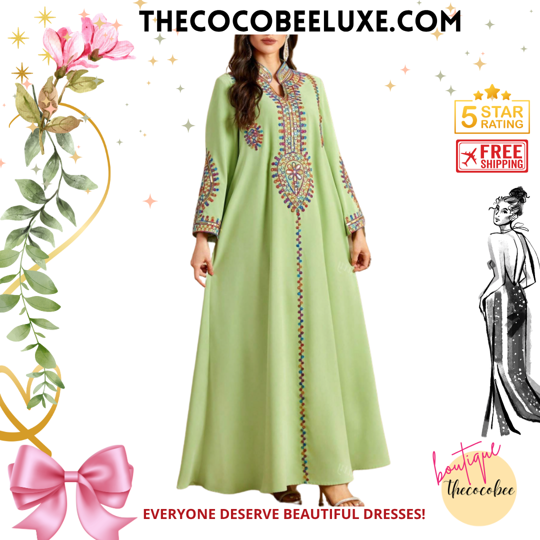 #143 Green Vintage V-Neck Sequins Embroidery Rope Tie Long Sleeve Dress, Arabic Style For Spring/Summer