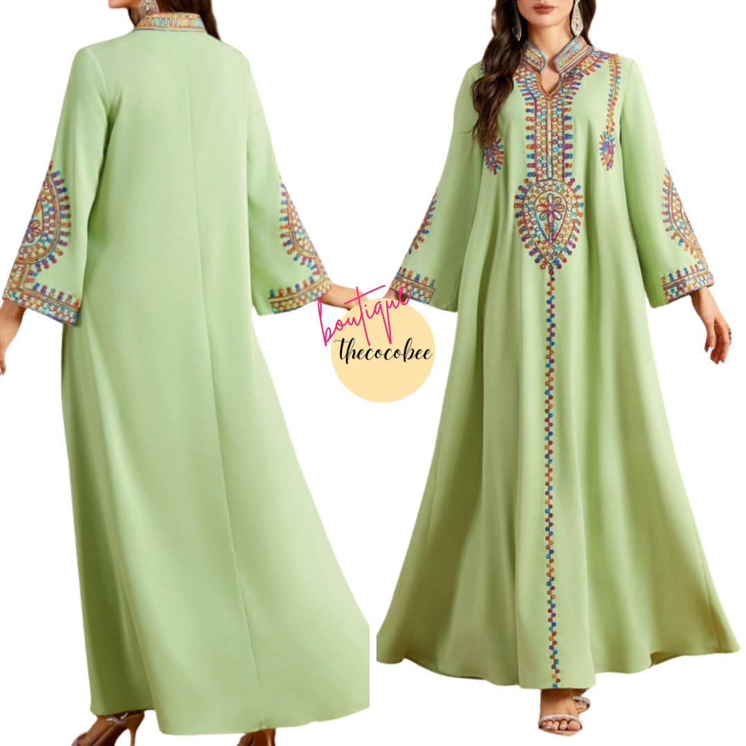 #143 Green Vintage V-Neck Sequins Embroidery Rope Tie Long Sleeve Dress, Arabic Style For Spring/Summer
