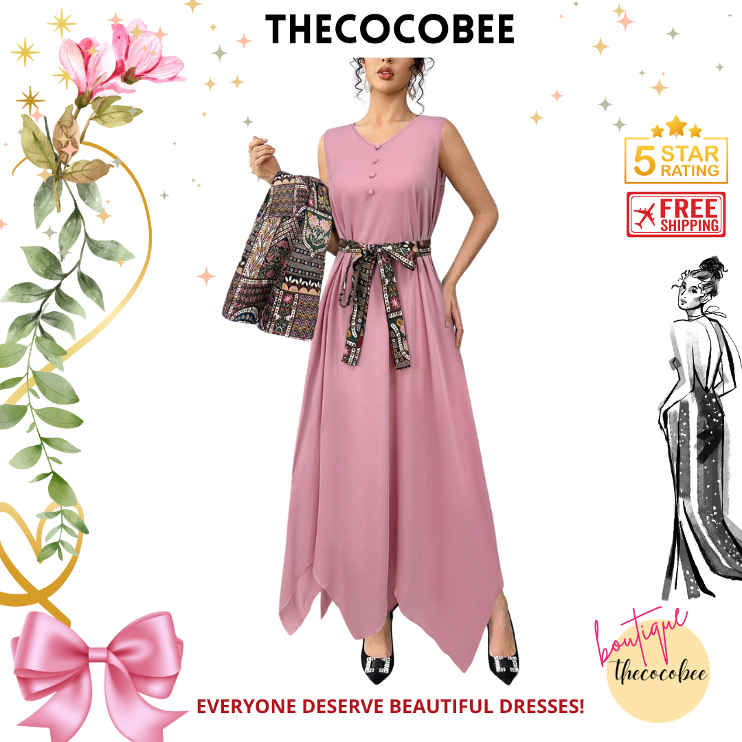 #144 Pink Floral Print Long Sleeve Jacket & Dress Arab Style Set
