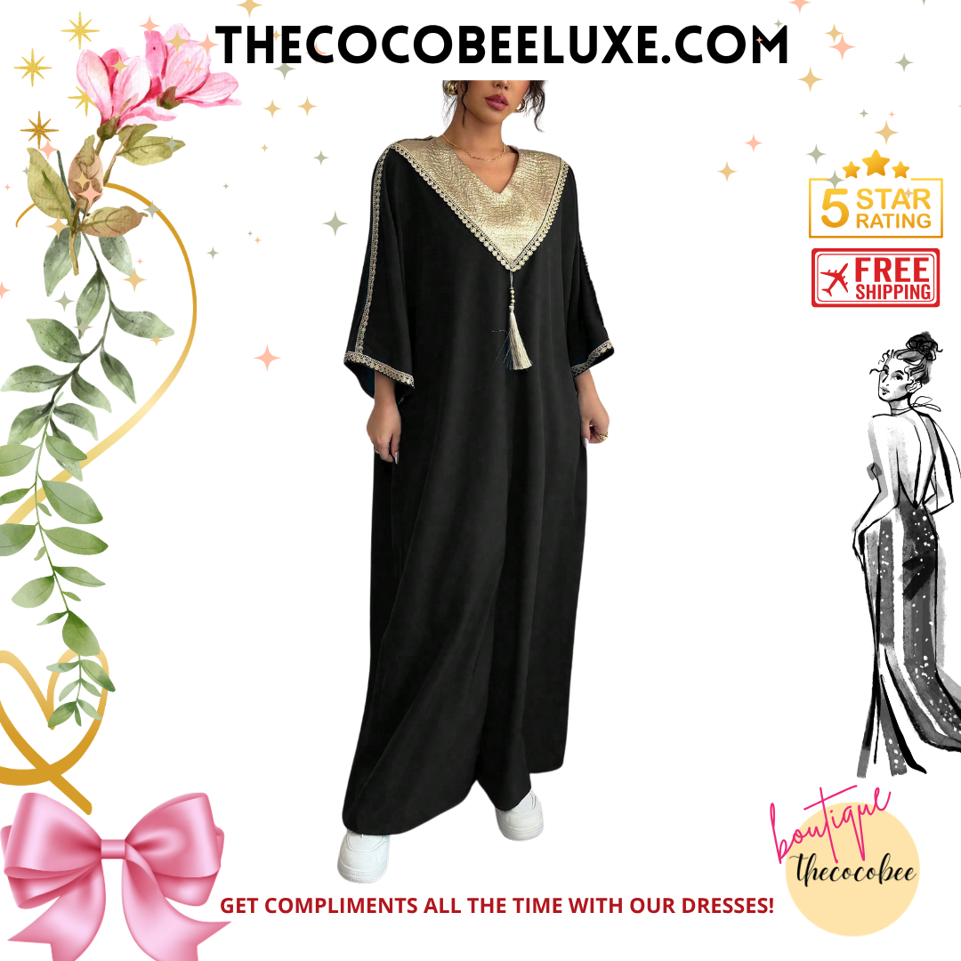#145 Black Extra Long Retro Style Patchwork Loose Fit Festival Robe With Pants