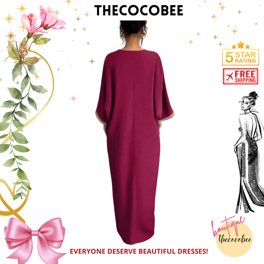 #145 Burgundy Style Patchwork Loose Holiday Robe With Pants