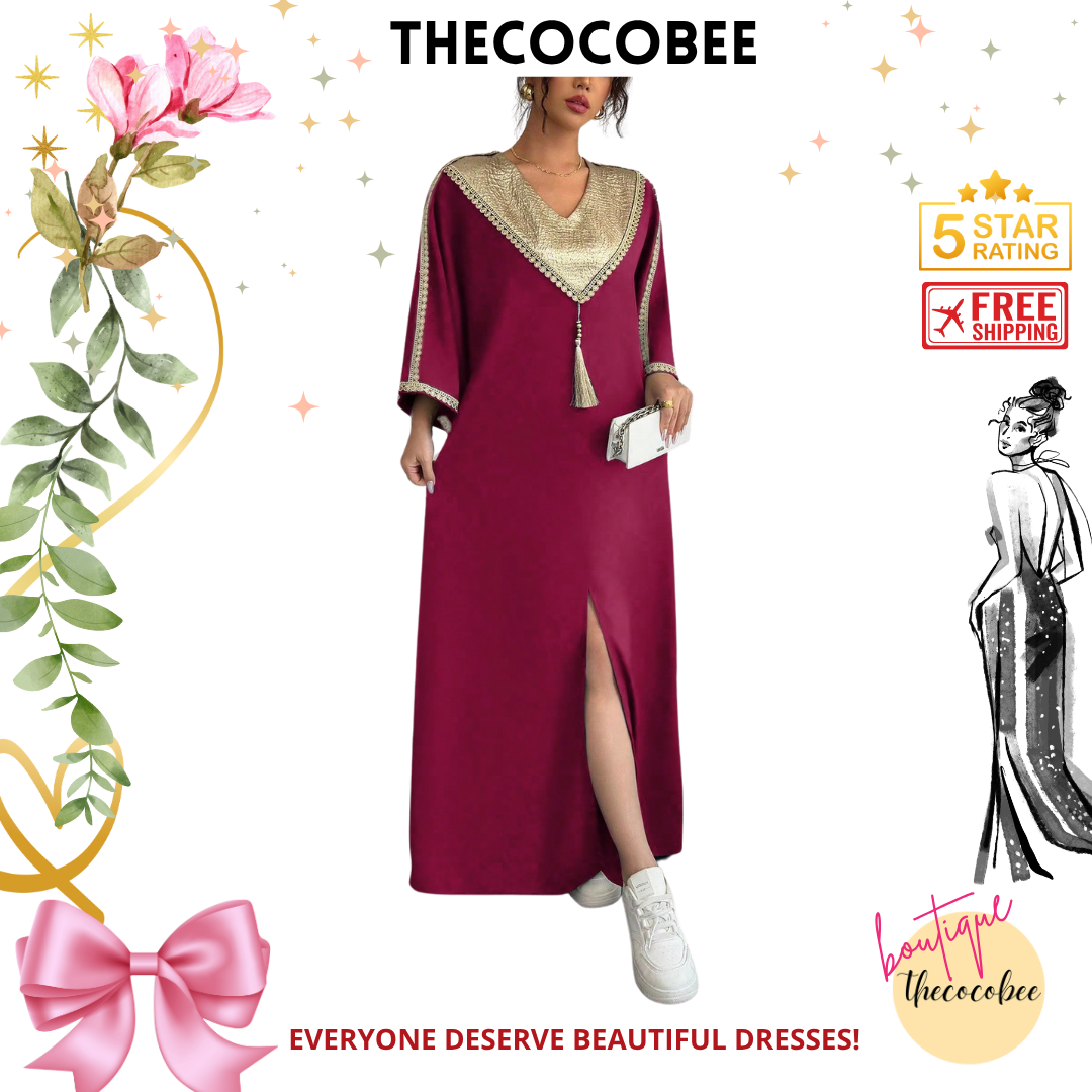 #145 Burgundy Style Patchwork Loose Holiday Robe With Pants