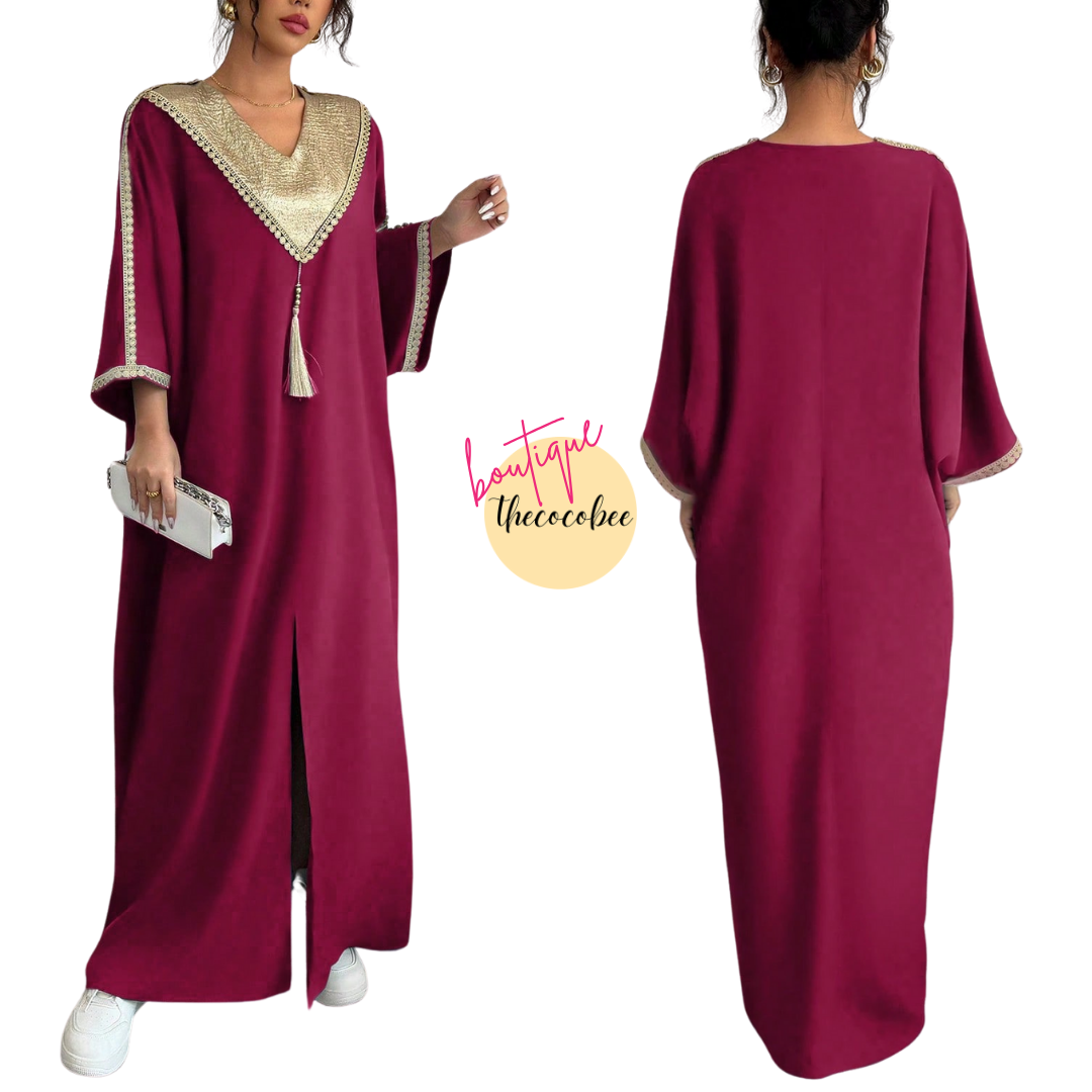 #145 Burgundy Style Patchwork Loose Holiday Robe With Pants