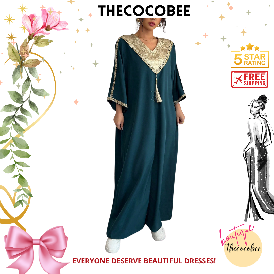 #145 Dark Green Style Patchwork Long Loose Dress & Pants Set