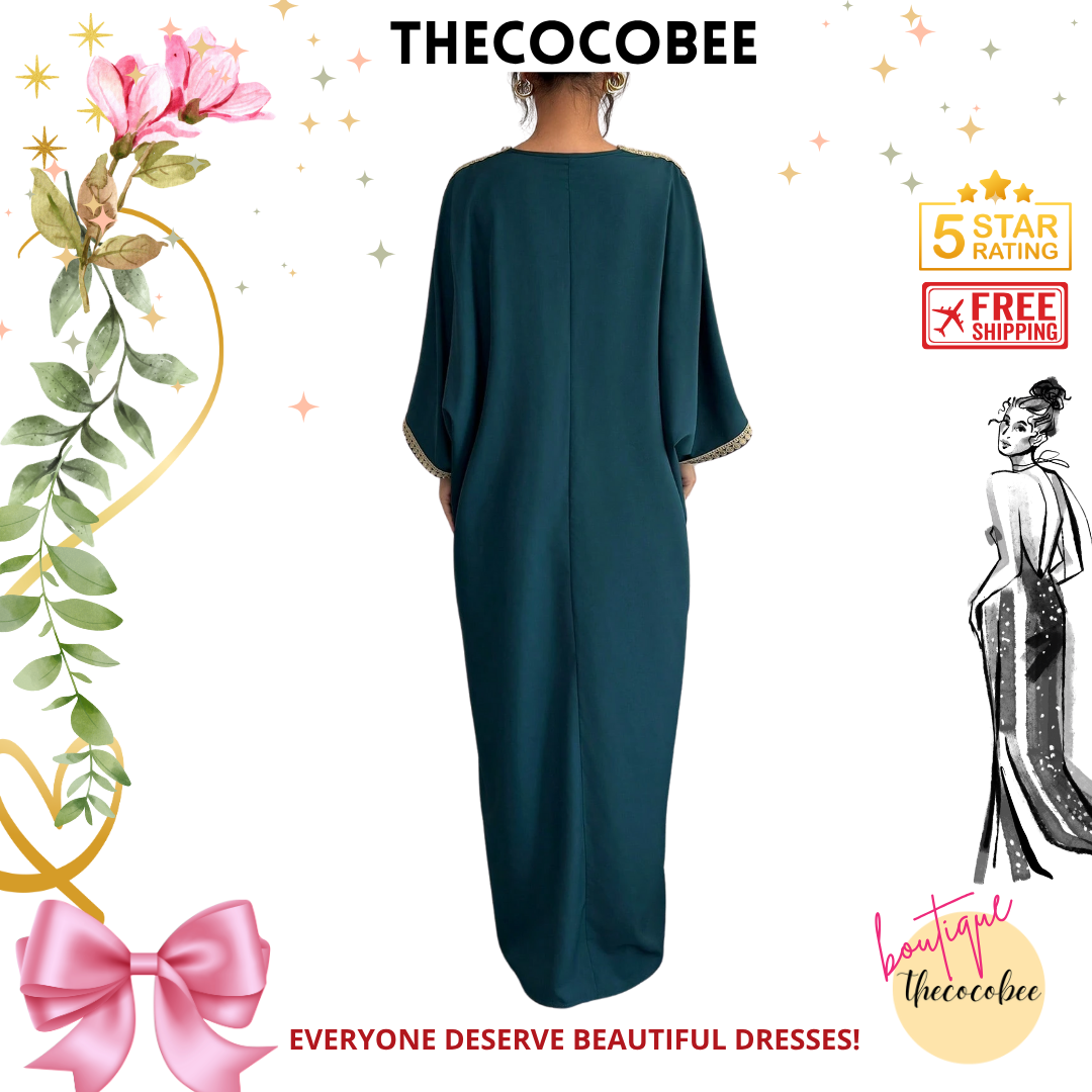 #145 Dark Green Style Patchwork Long Loose Dress & Pants Set