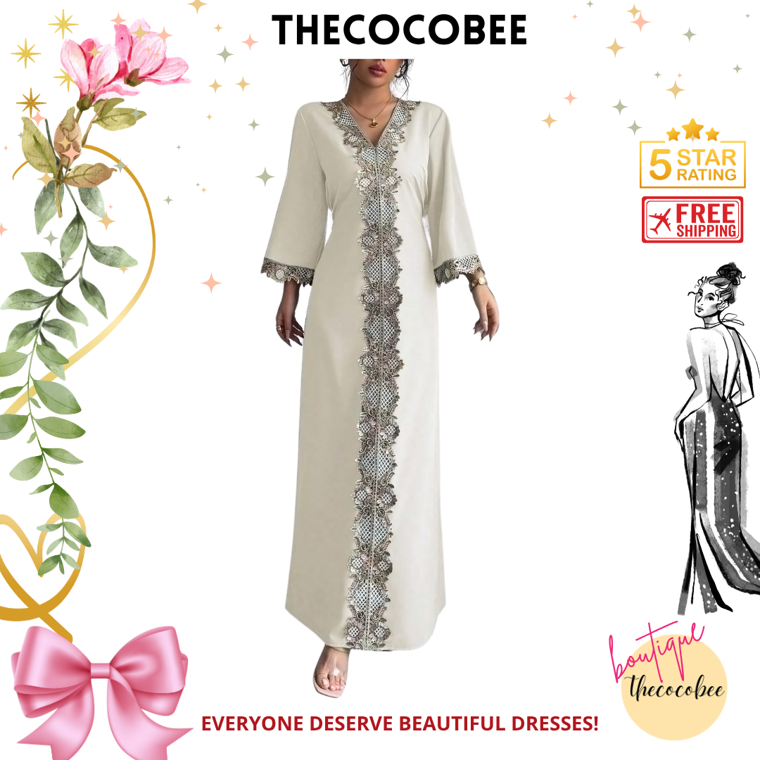 #146 Apricot Fashionable Applique Ruffle Waist Maxi Dress