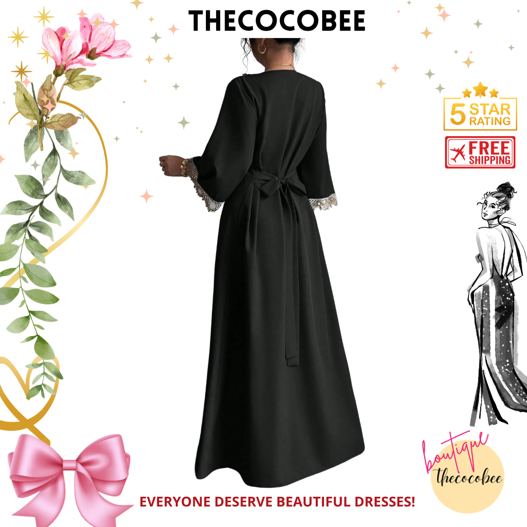 #146 Black Fashion Floral Applique Ruffle Waist Maxi Dress