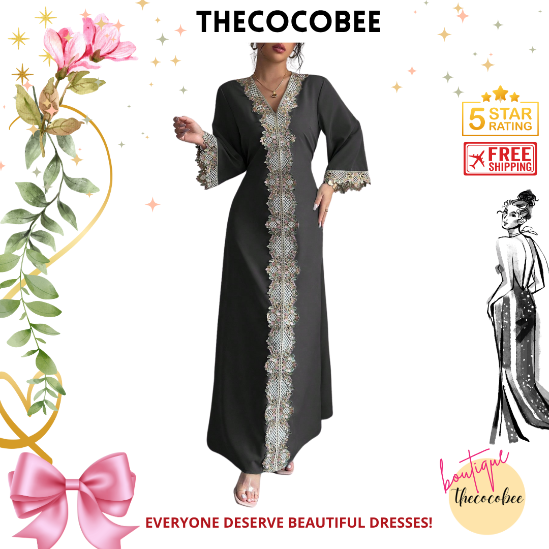 #146 Black Fashion Floral Applique Ruffle Waist Maxi Dress
