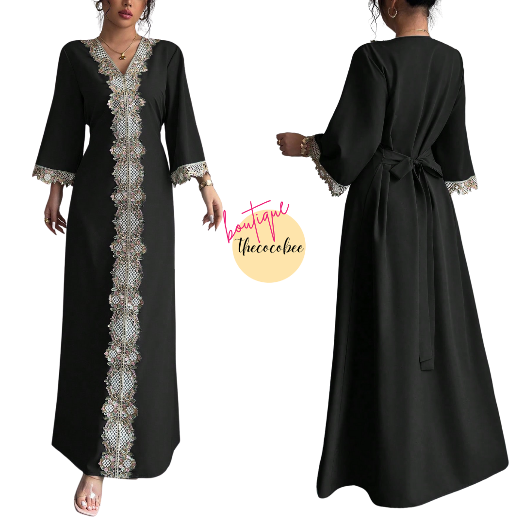 #146 Black Fashion Floral Applique Ruffle Waist Maxi Dress