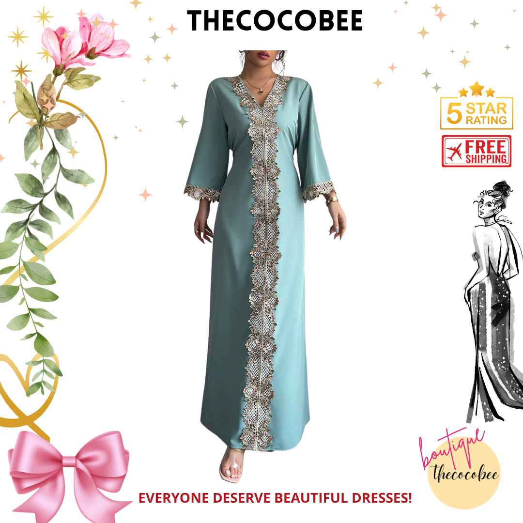 #146 Mint Green Fashion Floral Lace Trim Fitted Maxi Dress