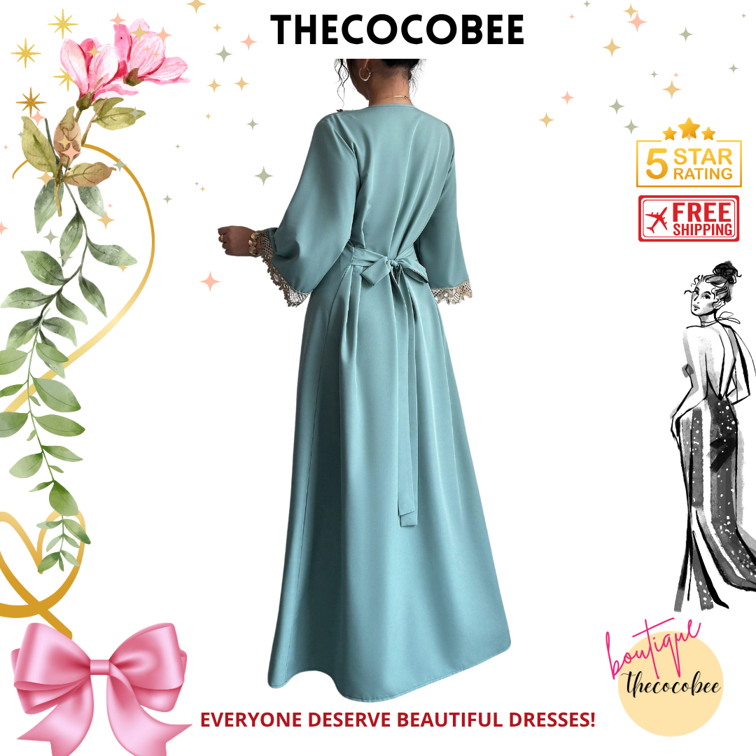 #146 Mint Green Fashion Floral Lace Trim Fitted Maxi Dress