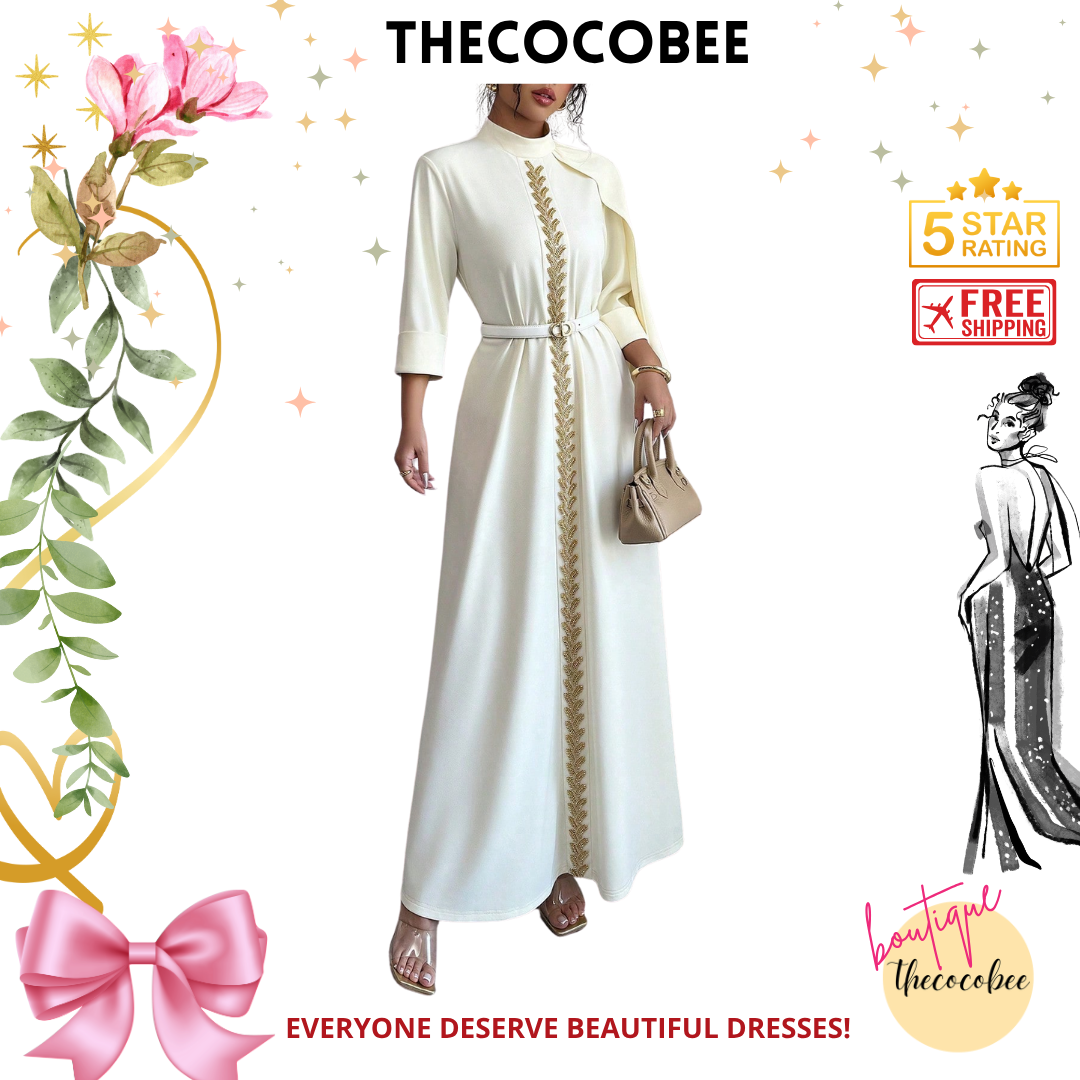 #147 Apricot Luxury Evening Dress, Hand-Beaded Front Center Decorative, Eid Festival, 3/4 Sleeve, Knitted Dress