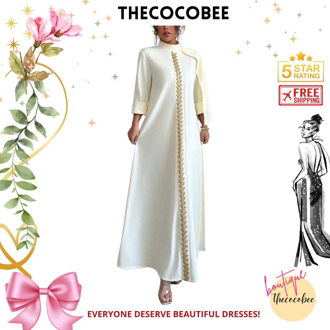 #147 Apricot Luxury Evening Dress, Hand-Beaded Front Center Decorative, Eid Festival, 3/4 Sleeve, Knitted Dress