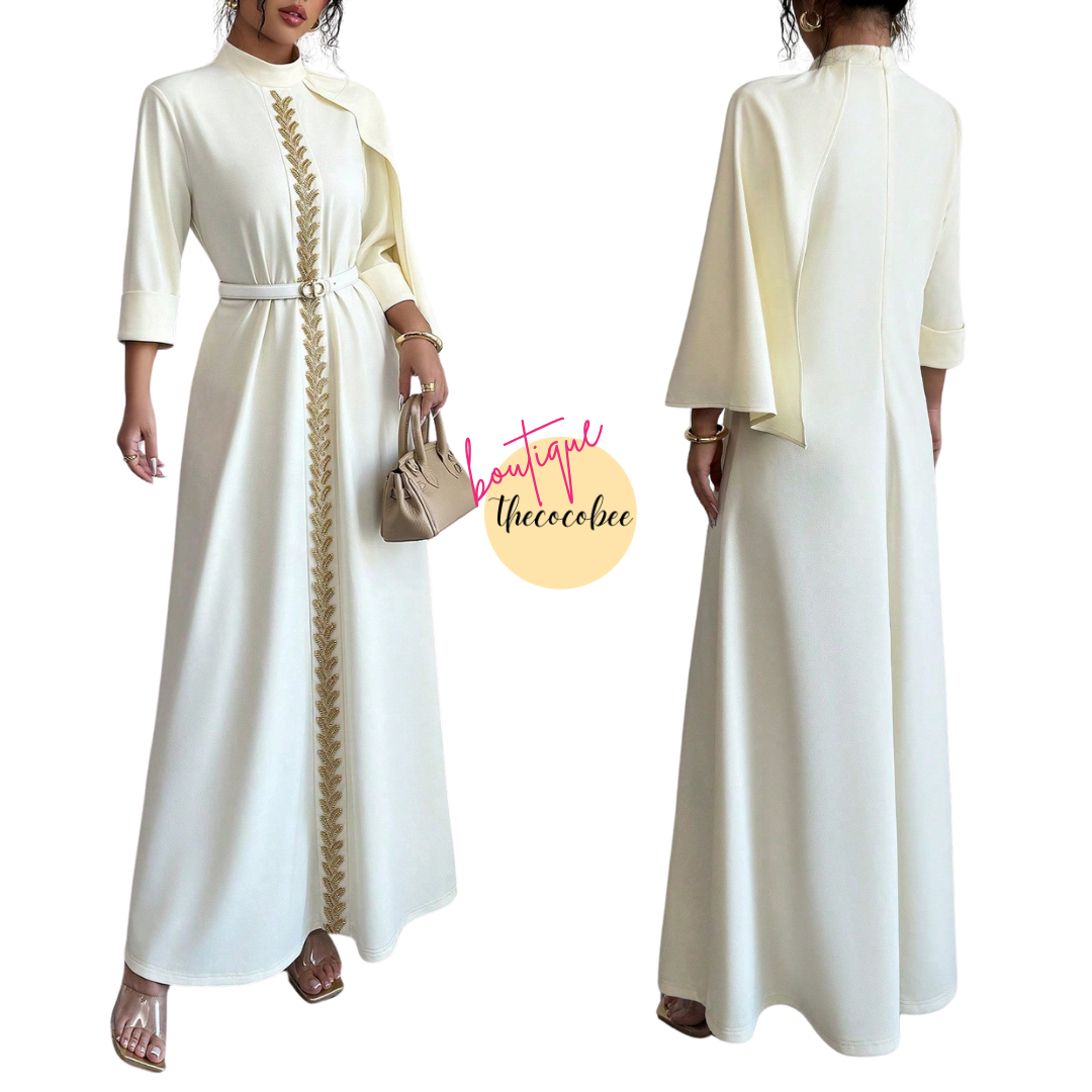 #147 Apricot Luxury Evening Dress, Hand-Beaded Front Center Decorative, Eid Festival, 3/4 Sleeve, Knitted Dress