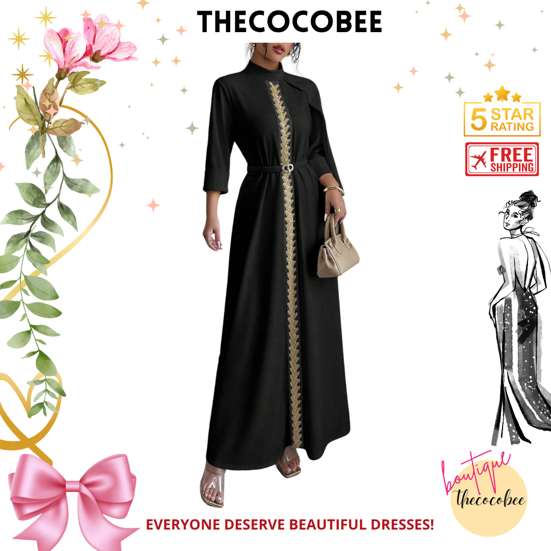 #147 Black Luxury Evening Dress, Hand Beaded Front Middle Decor, Ramadan Festival, Three Quarter Sleeve, Knitted Robe
