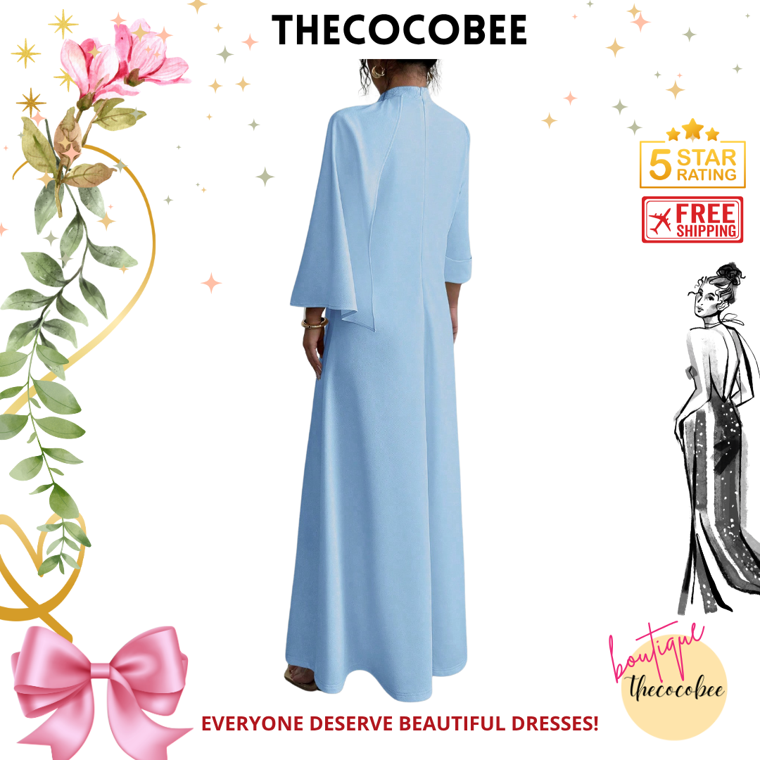 #147 Blue Luxury Evening Dress Handmade Beaded Front & Center Decorated Middle East Eid Festival 3/4 Sleeve Knitted Round Neck Robe
