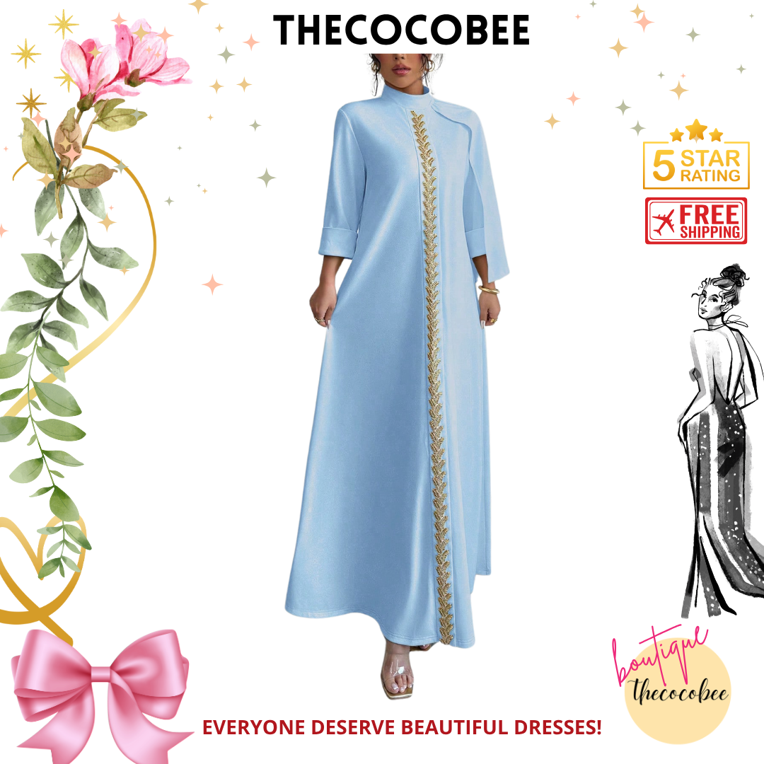 #147 Blue Luxury Evening Dress Handmade Beaded Front & Center Decorated Middle East Eid Festival 3/4 Sleeve Knitted Round Neck Robe