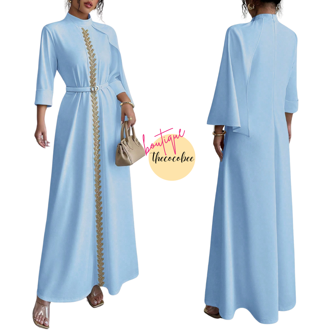 #147 Blue Luxury Evening Dress Handmade Beaded Front & Center Decorated Middle East Eid Festival 3/4 Sleeve Knitted Round Neck Robe