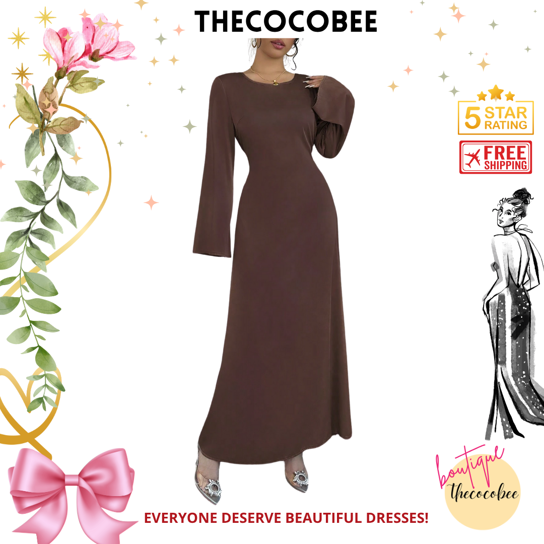 #152 Brown Sexy Figure-Hugging Round Neck Long Sleeve Bodycon Dress Maxi Women Outfit