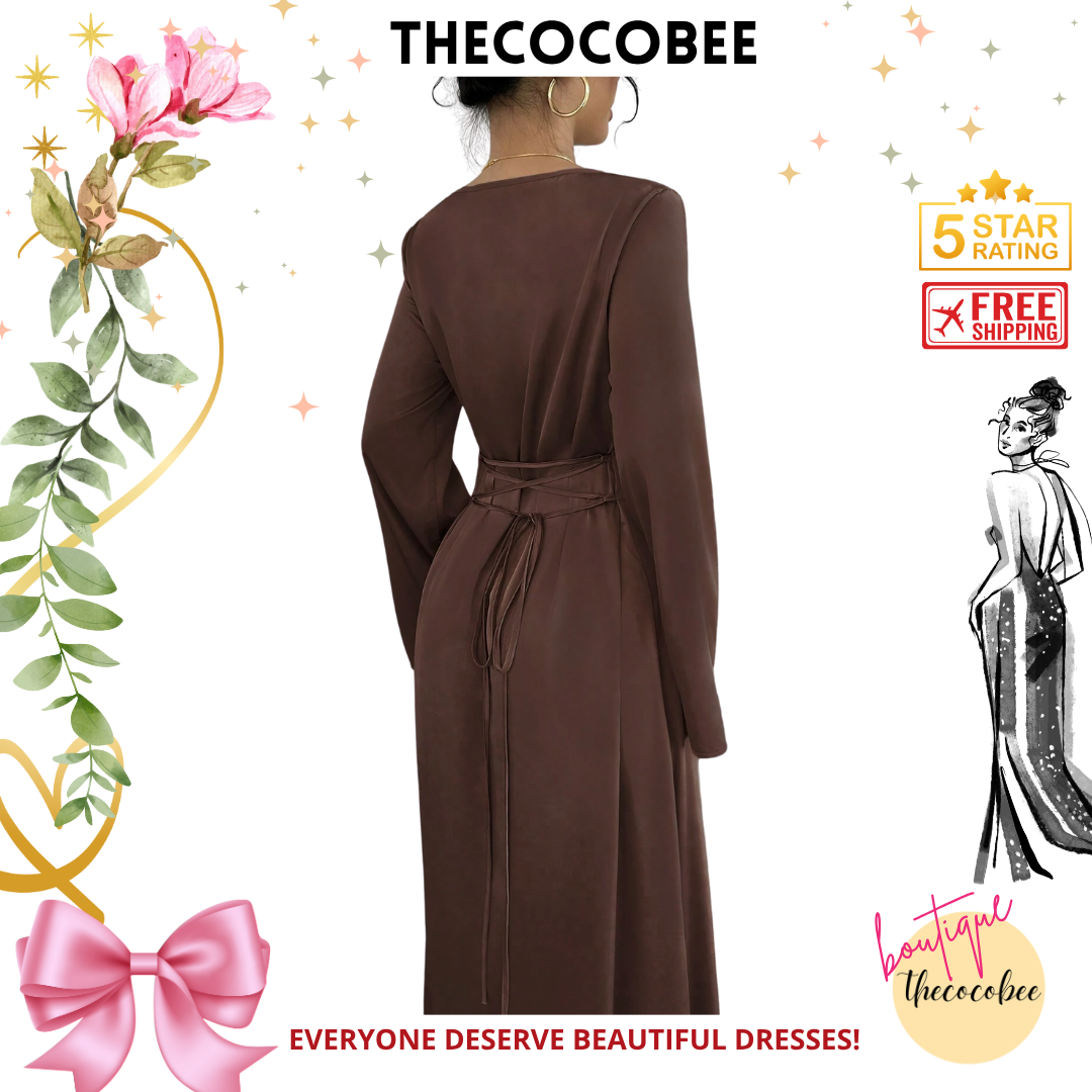 #152 Brown Sexy Figure-Hugging Round Neck Long Sleeve Bodycon Dress Maxi Women Outfit
