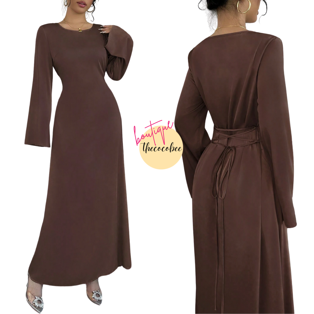 #152 Brown Sexy Figure-Hugging Round Neck Long Sleeve Bodycon Dress Maxi Women Outfit