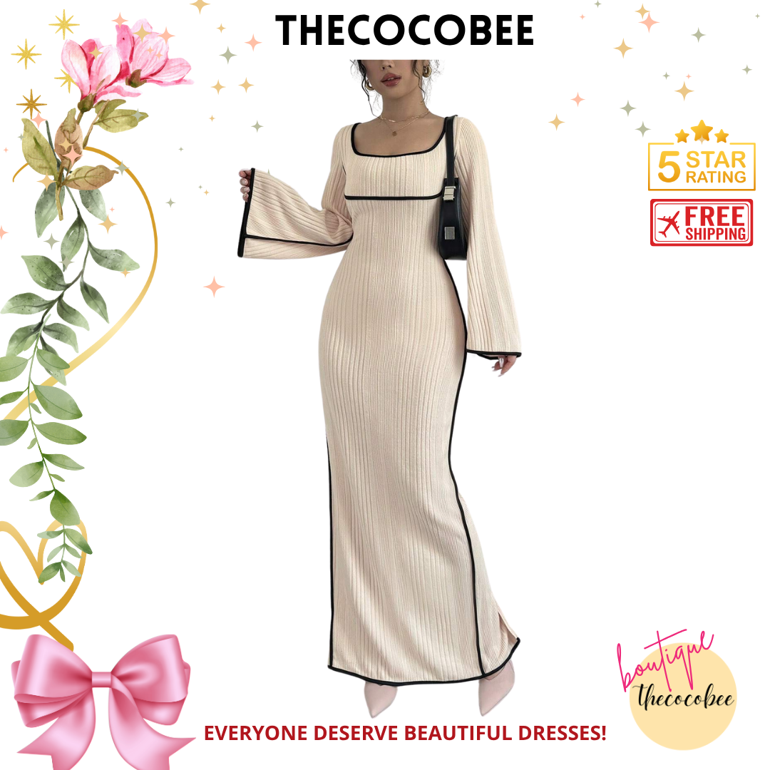 #153 Apricot Elegant Contrast Binding Square Neck Bell Sleeve Split Hem Dress, Apricot