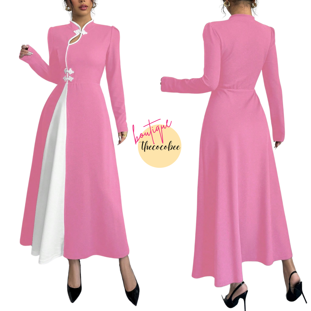 #154 Baby Pink Retro Bubble Sleeve Elegant Baby Pink & White Patchwork Buttoned Dress Maxi Women Outfit Dress Black And Whiteblack White Dresselegant Dress Long Sleeveblack And White Dresslong Sleeve Long Dress