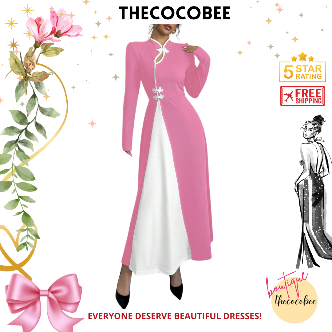 #154 Baby Pink Retro Bubble Sleeve Elegant Baby Pink & White Patchwork Buttoned Dress Maxi Women Outfit Dress Black And Whiteblack White Dresselegant Dress Long Sleeveblack And White Dresslong Sleeve Long Dress