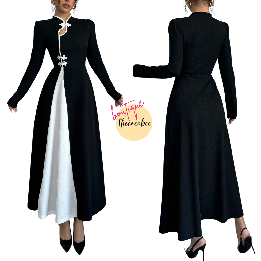 #154 Black and White Retro Bubble Sleeve Elegant Black & White Patchwork Buttoned Dress Maxi Women Outfit Dress Black And Whiteblack White Dresselegant Dress Long Sleeveblack And White Dresslong Sleeve Long Dress