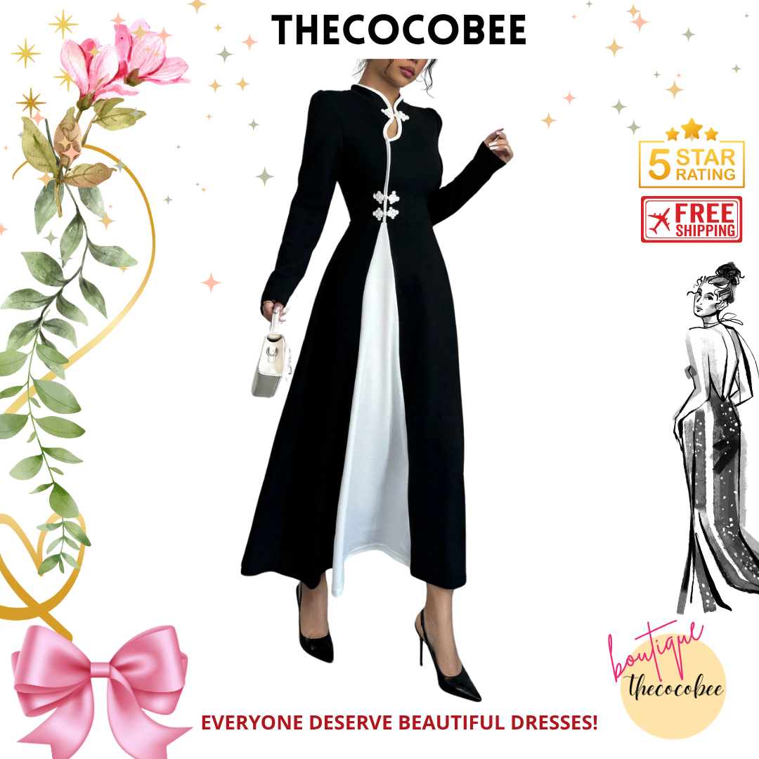 #154 Black and White Retro Bubble Sleeve Elegant Black & White Patchwork Buttoned Dress Maxi Women Outfit Dress Black And Whiteblack White Dresselegant Dress Long Sleeveblack And White Dresslong Sleeve Long Dress