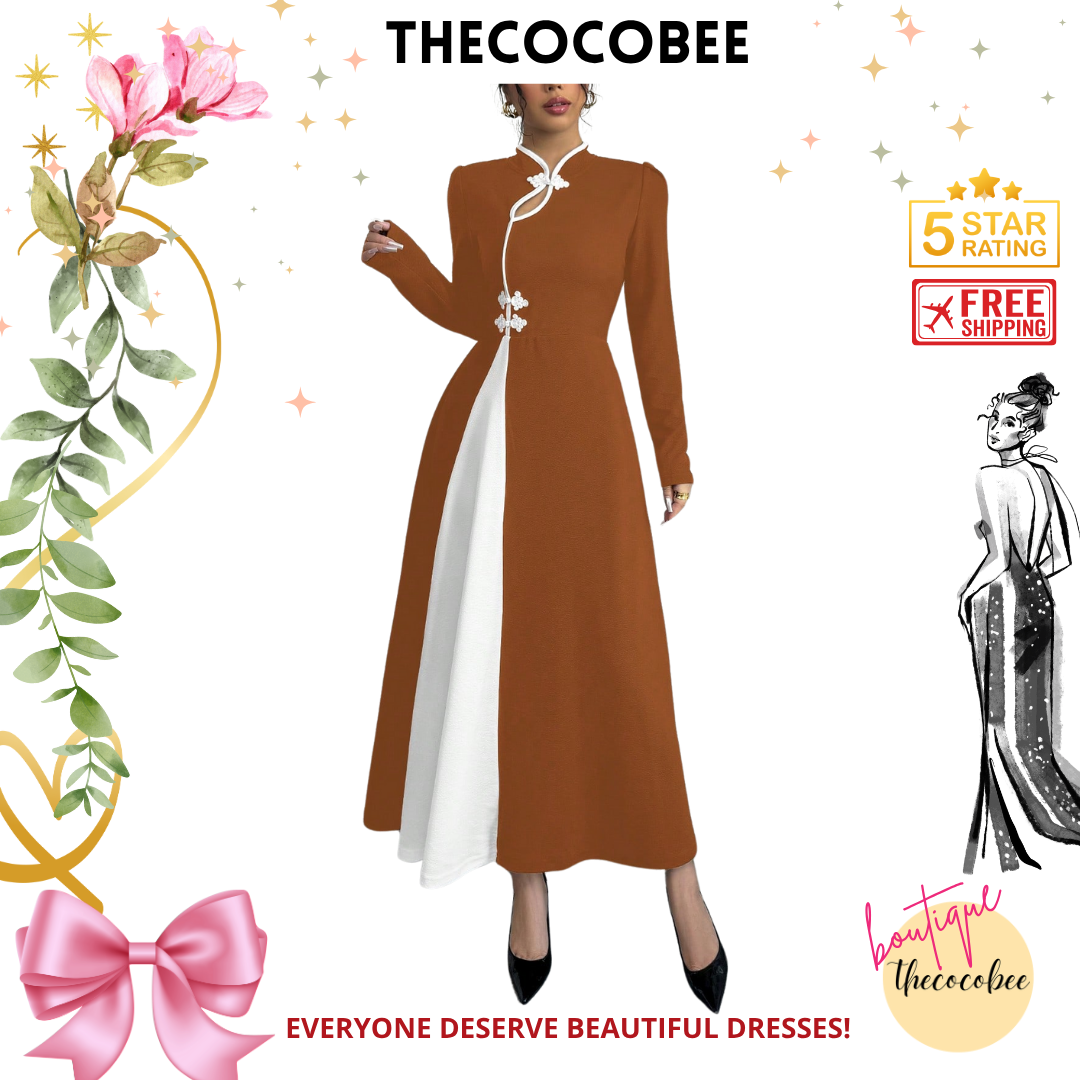 #154 Coffee Brown Retro Bubble Sleeve Elegant Coffee Brown & White Patchwork Buttoned Dress Maxi Women Outfit Dress Black And Whiteblack White Dresselegant Dress Long Sleeveblack And White Dresslong Sleeve Long Dress