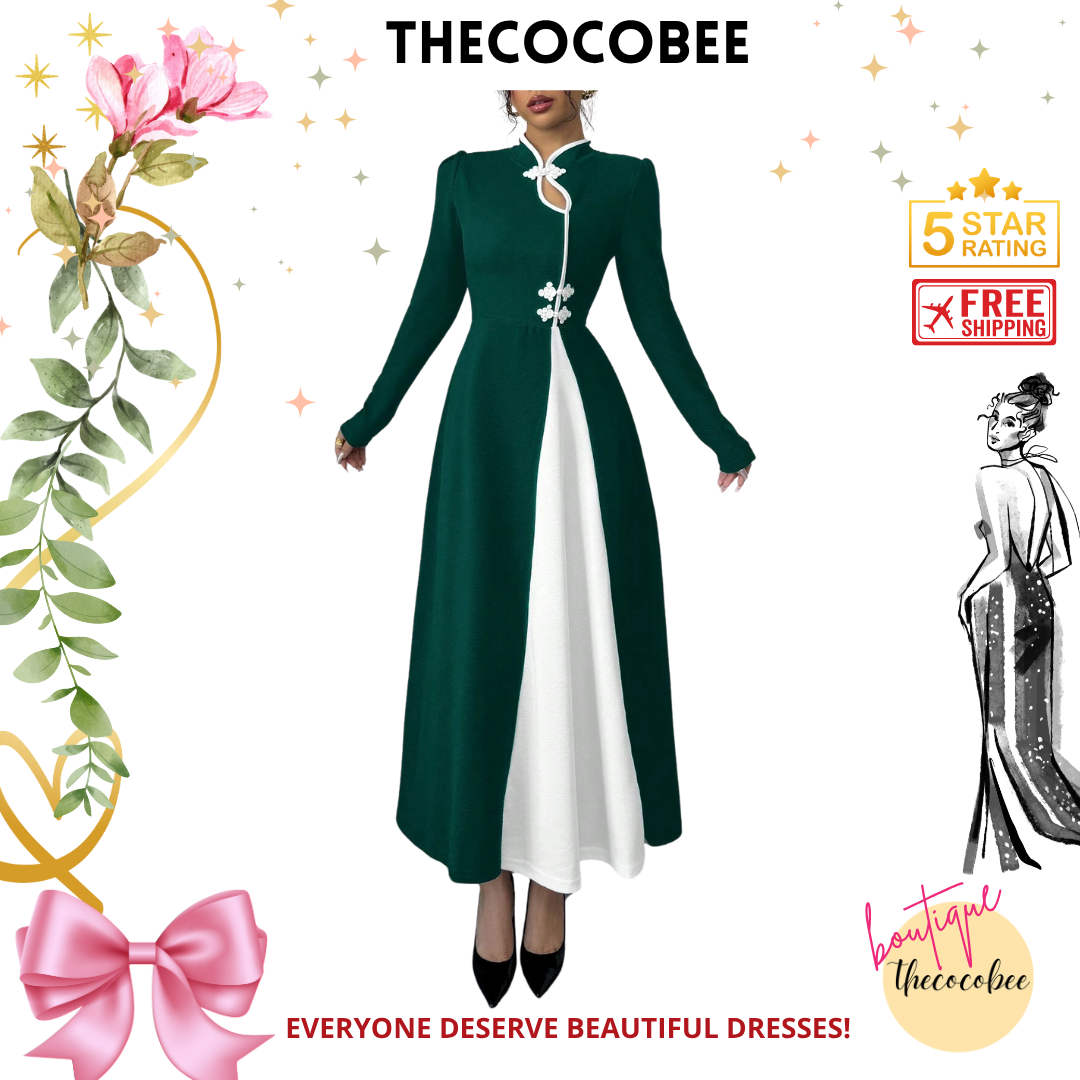#154 Dark Green Retro Bubble Sleeve Elegant Dark Green & White Patchwork Buttoned Dress Maxi Women Outfit