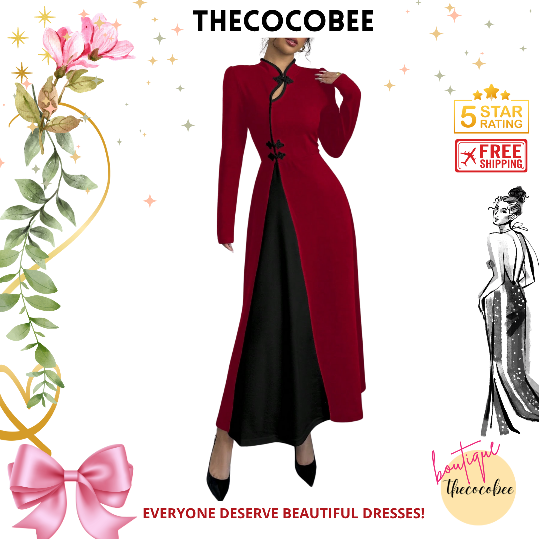 #154 Red Retro Bubble Sleeve Elegant Black & Red Patchwork Buttoned Dress Maxi Women Outfit