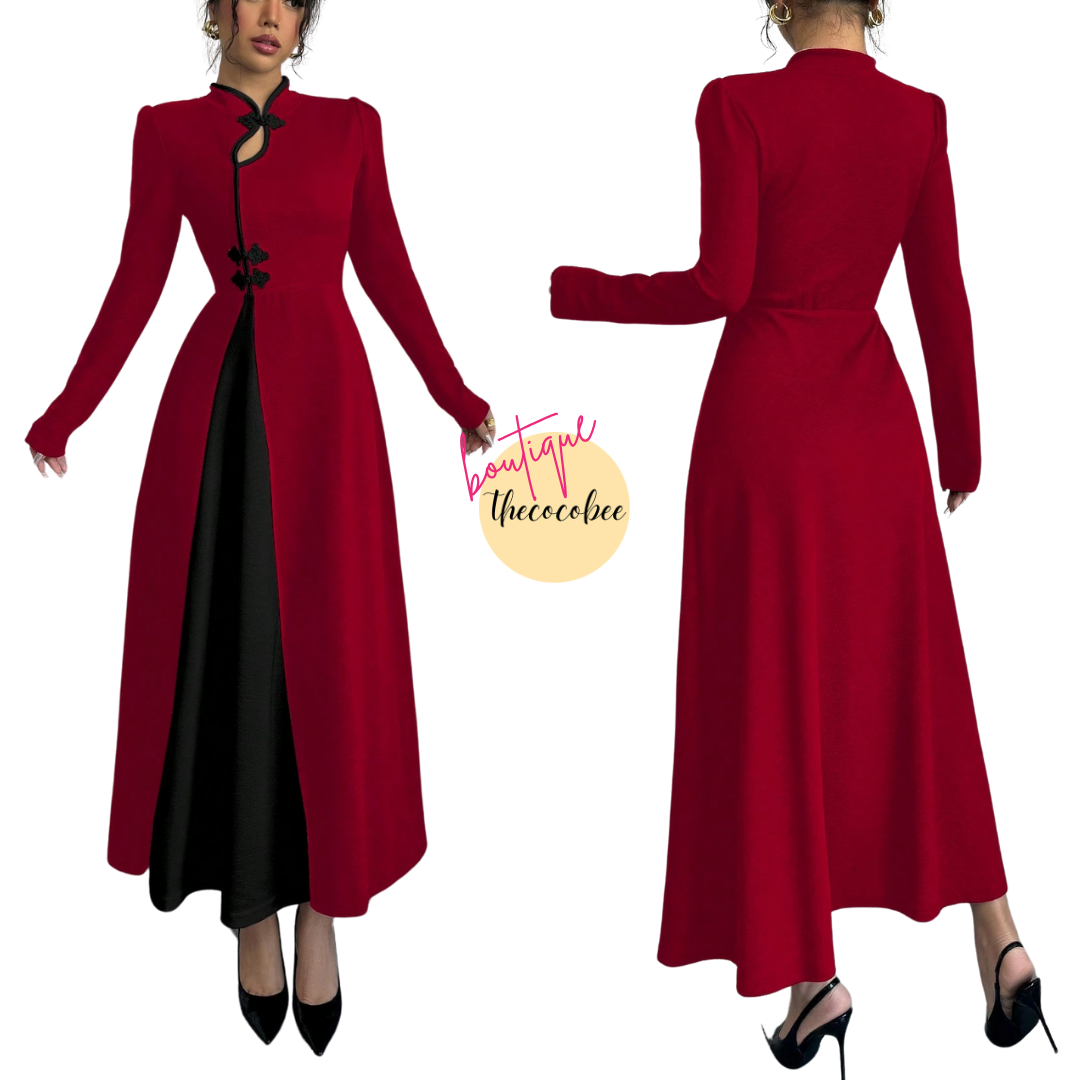 #154 Red Retro Bubble Sleeve Elegant Black & Red Patchwork Buttoned Dress Maxi Women Outfit