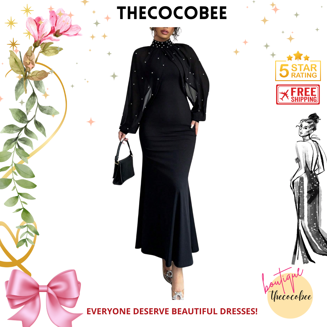 #155 Black Elegant Pearl Beaded Collar Mermaid Dress, Autumn Maxi Women Outfit