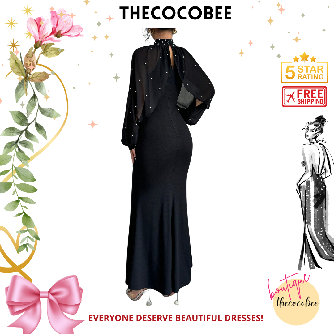 #155 Black Elegant Pearl Beaded Collar Mermaid Dress, Autumn Maxi Women Outfit
